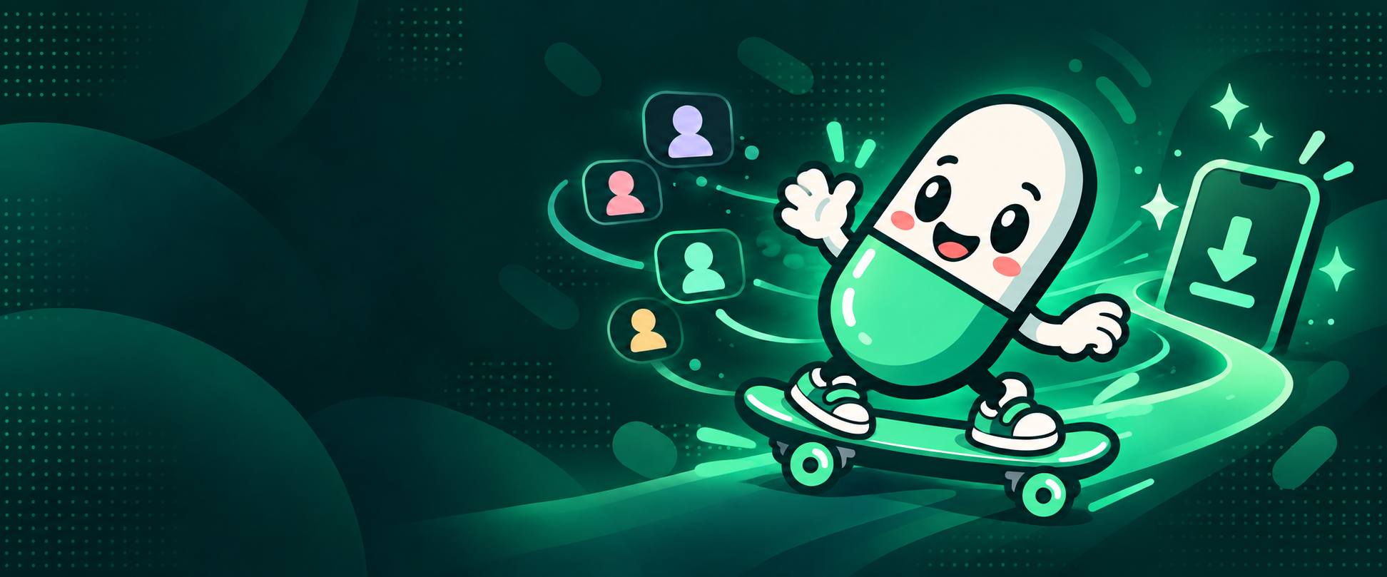 Onboardy mascot riding a skateboard toward the app